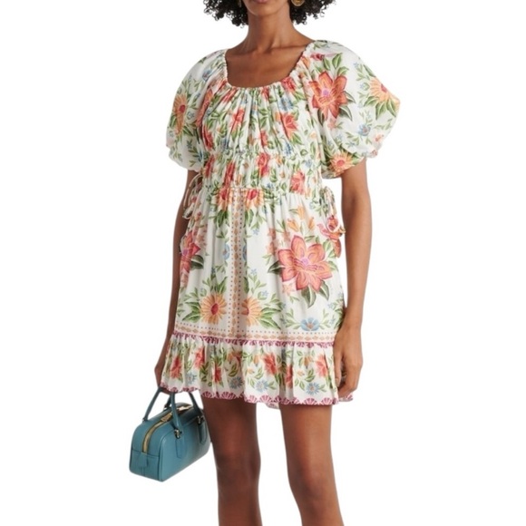FARM Rio Dresses & Skirts - FARM Rio White Floral Puff-Sleeve Mini Dress with Pink & Green Accents